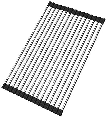 Roll up Dish Drying Rack Over The Sink Portable Stainless Still Rolling Rack Folding Mat for Kitchen Counter (Black, 17.7''LX11.2''W)