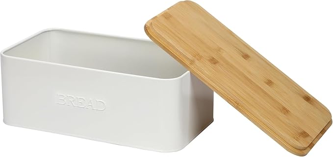 OUTSHINE White Bread Box for Kitchen Countertop, Small Storage Container with Bamboo Lid, Modern Kitchen Organizer for Sourdough, Buns, and Loaves, Bread Storage with Cutting Board Lid