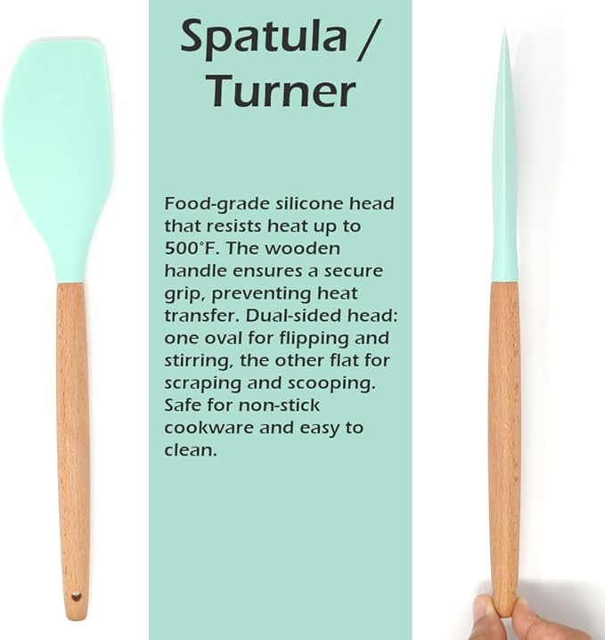 3-Piece Silicone Kitchen Utensil Set - 10" Stainless Steel Tongs, 12.5" Silicone Spatula & Spaghetti Spoon, Heat-Resistant to 500°F, Wood Handles, Non-Scratch, Hanging Loop (Green)