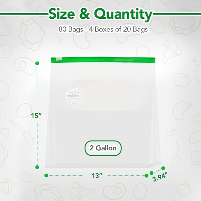 2 Gallon Slider Storage Bags 80 Pack — Jumbo Reusable Freezer Bags with Expandable Bottom, BPA Free, Microwave Safe, Clear Heavy Duty Bags