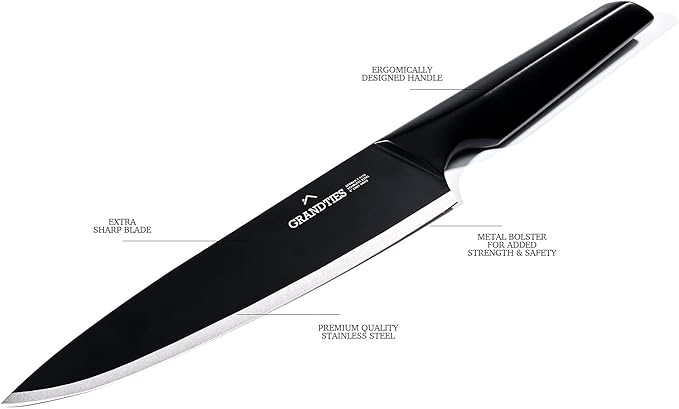 GRANDTIES 7 Piece Nonstick Black Kitchen Knife Set With Block Wooden And Sharpener, High Carbon German Stainless Steel, Ultra Sharp Forged Full Tang Chef Knife Set, Apartment Essentials, Kitchen Décor