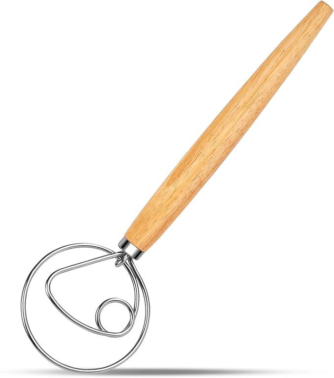 Danish Dough Whisk Stainless Steel Hook Dutch Bread Mixer for Sourdough Baking Hand Tool with Wooden Handle Making Blending Pastry Pizza Dough
