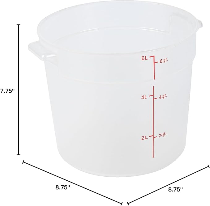 Restaurantware-Met Lux 6 Quart Food Storage Containers, 10 Translucent Storage Containers - Lids Sold Separately, Red Volume Markers, Dishwashable Containers, Side Handles, For Storing Foods