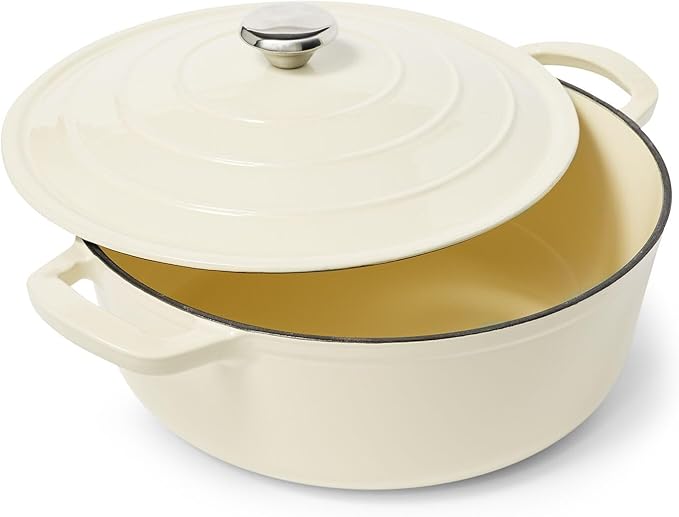 Sur La Table 7-Qt Enameled Cast Iron Dutch Oven – With Lid for Braising, Baking & Deep Frying, Induction Compatible, Oven to 500°F, Seals in Moisture for Flavorful Results, Almond