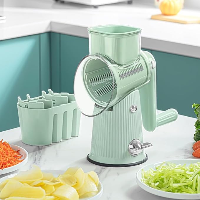 Le D'Affaires 5 in 1 Cheese Grater, 2025 NEW Rotary Cheese Grater with Hand Crank, Multi-Function Gourmet Cheese Grater for Kitchen, 5-Blade Vegetable Slicer and Storage Box (Green)