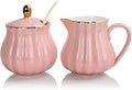Sweejar Royal Ceramic Sugar and Creamer Set, 3 Piece Set with Cream Pitcher, Sugar Bowl, Sugar Set with Lid & Spoon, Coffee Serving Set Wedding Gift(Pink)