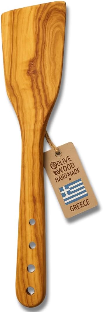 OLIVE WOOD SPATULA - Built-in Herb Stripper, Wooden Frying Spatula, Artisan Utensil, Fair-Trade, Handcrafted Cooking Utensils -LESVOS WOODCRAFT