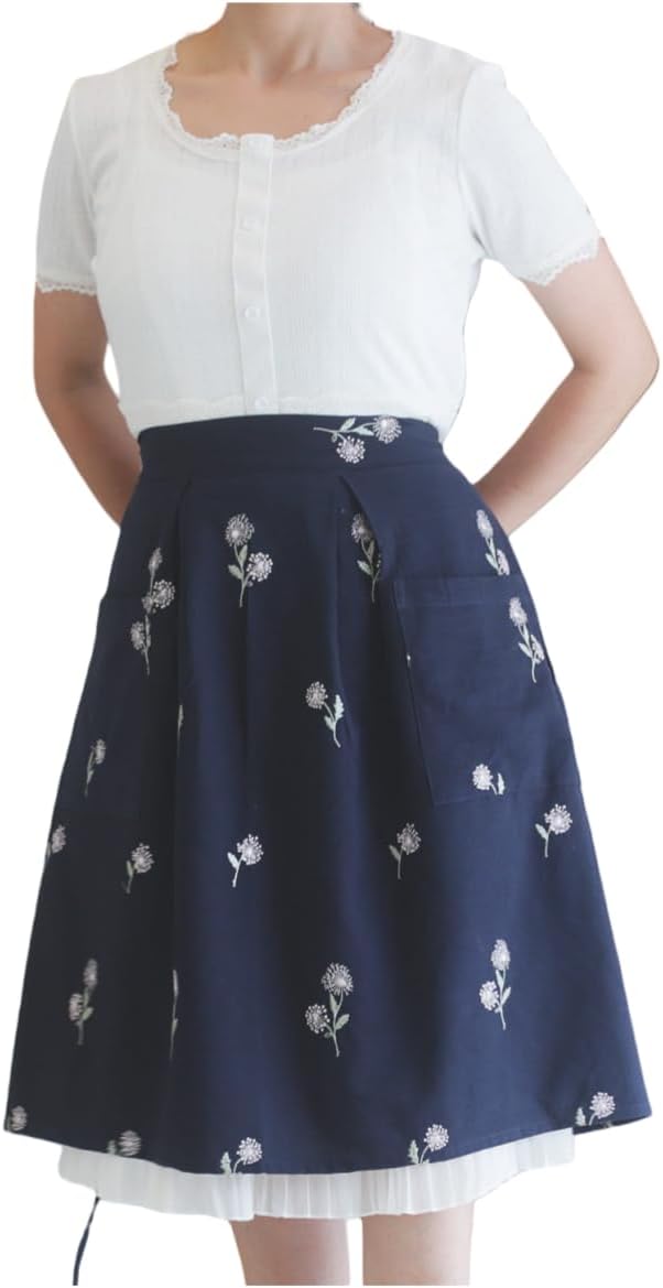 Cotton Long Bistro Half Apron for Woman, Big Pockets, Embroidered Flower, Extra Long Waist Ties, Cook Chore Waitress