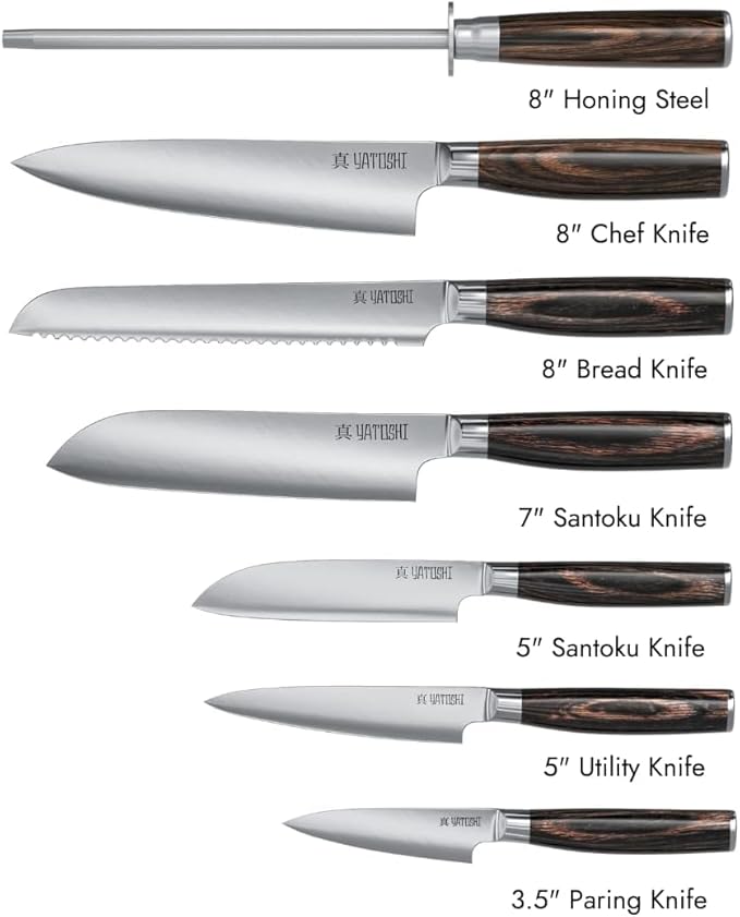 Yatoshi Kitchen Knife Set - 7 Piece, Ultra Sharp High Carbon Stainless Steel, Full Tang