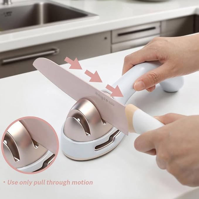 Knife Sharpener for Kitchen, Gold Pink Handheld Sharpener for Repairing and Polishing Kitchen Knives,Manual Sharpener Suitable for Various Kitchen Knives