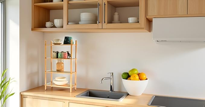 Bamboo Rack | Tool-Free Expandable (2-6 Tiers) | Kitchen Spice Organizer & Office Breakroom Snack/Cup Storage (Natural Bamboo)(Powered by Gogogo) (Nature, 15.6" W(4 Tier))