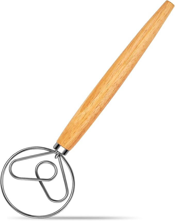 Danish Dough Whisk Stainless Steel Hook Dutch Bread Mixer for Sourdough Baking Hand Tool with Wooden Handle Making Blending Pastry Pizza Dough