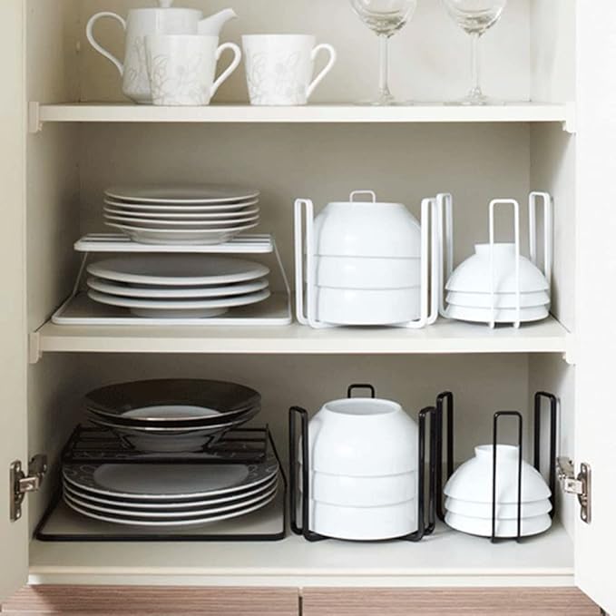 Dinnerware Bowl Plate Holder Fit for 6.5 Inches Diameters Bowl, Metal Bowl Storage Dying Display Rack for Kitchen Drawer, Countertop, Cabinet, Shelf, Cupboard (Black, Small 2PCS+Large 2PCS)