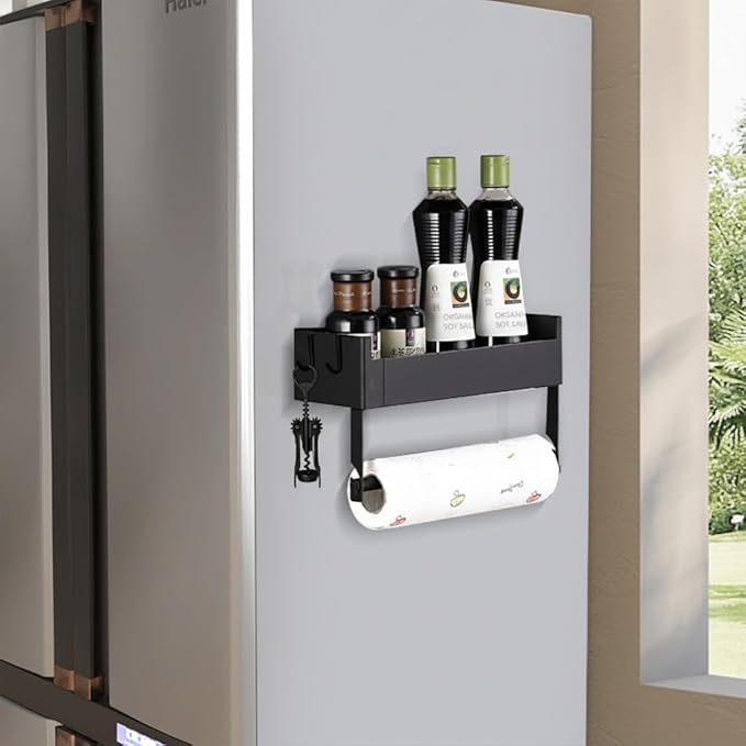 Magnetic Spice Rack for Refrigerator, Magnetic Spice Organizer Rack with Paper Towel Holder Shelf for Small Kitchen Storage, Space Saver Container for Apartmen, Black