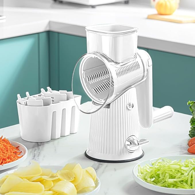 Le D'Affaires 5 in 1 Cheese Grater, 2025 NEW Rotary Cheese Grater with Hand Crank, Multi-Function Gourmet Cheese Grater for Kitchen, 5-Blade Vegetable Slicer and Storage Box (White)