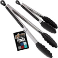 GORILLA GRIP Stainless Steel Heat Resistant Kitchen Tongs for Cooking, 9 + 14 Inch, Set of 2 BBQ Tong, Non Scratch Silicone Tip for Pan, Strong Grip, Grab Food, Toss Salad, Air Fryer, Pull Lock, Black