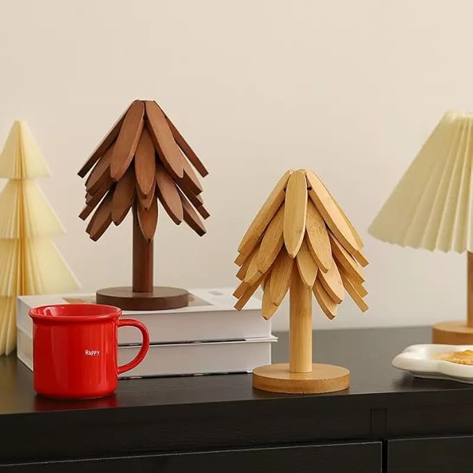 Christmas Tree Trivet Set of 5, Foldable Bamboo Hot Pad Holder for Hot Pots/Pans/Dishes, Walnut Brown Kitchen Serving Tray, Holiday Table Decor