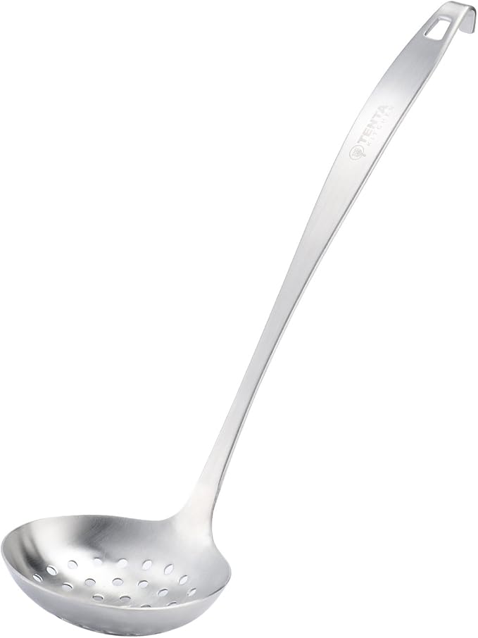 TENTA Kitchen Dia 9CM One Piece Stainless Steel Skimmer/Slotted Spoon/Strainer Ladle with Hook and Hole for Easy Hanging,11.5"x 3.6"