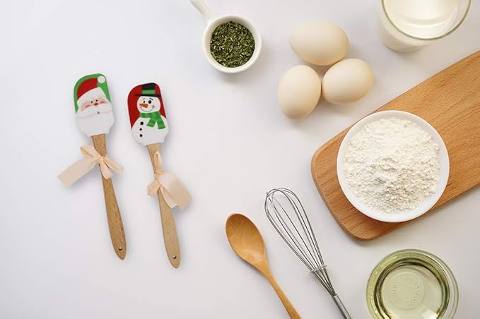 Christmas Silicone Spatula, Set of 2, Large Santa & Snow Man Spatula with Wooden Handle, Great for Christmas Decorating, Gifts and Baking(12.6inch)