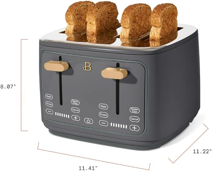 Beautiful 4-Slice Toaster by Drew Barrymore – Touch Display, Extra-Wide Slots, Bagel & Frozen Functions, Stainless Steel (Oyster Gray)