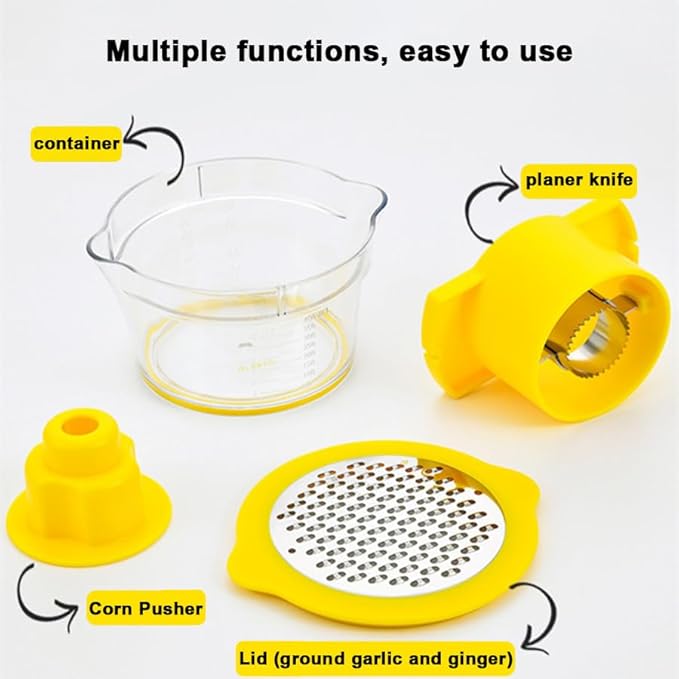 Corn Stripper Tool with Bowl & Comfort Grip - 2-in-1 Kernel Cutter and Grater for Garlic Ginger, Corn Peeler and Grinder Set with Container, Easy Corn Kernel Remover