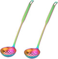 Buyer Star 2 Pcs Soup Ladle Colander, Rainbow Cookware Serving Long Handle Steel Slotted Spoon Cooking Utensil Set for Hotpot
