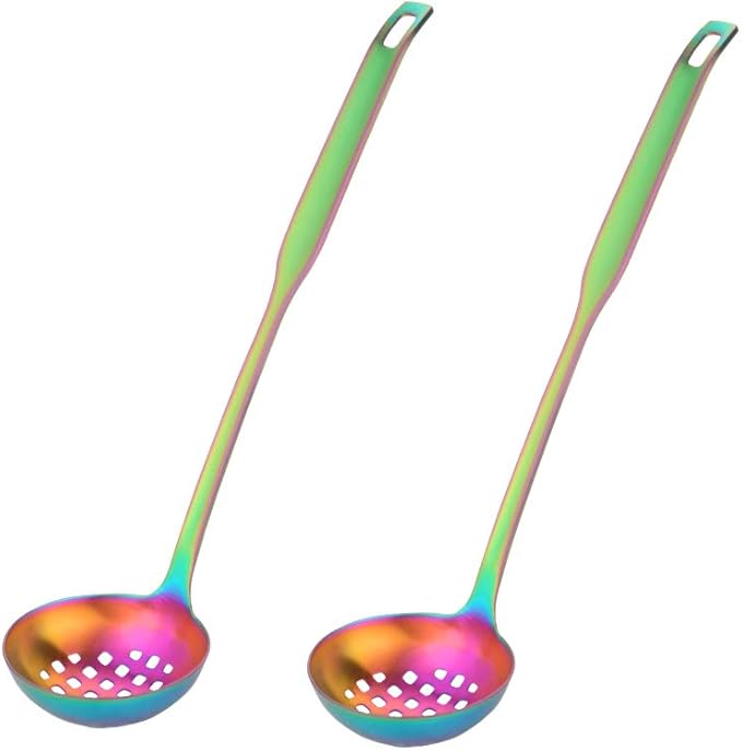 Buyer Star 2 Pcs Soup Ladle Colander, Rainbow Cookware Serving Long Handle Steel Slotted Spoon Cooking Utensil Set for Hotpot