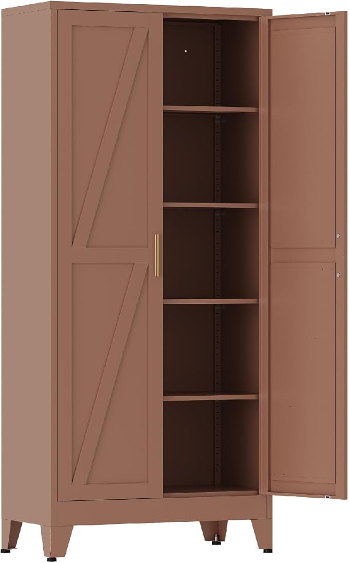 COFaR 71 in Tall Metal Storage Cabinet, Metal Cabinet with 4 Adjustable Shelves and Barn Doors, Farmhouse Cupboard Storage for Kitchen Pantry Garage, Brown 5-Tier