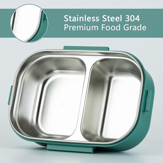 Lille Home 28oz Stainless Steel Leakproof 2-Compartment Bento Lunch Box/Portion Control Food Container with Lunch Bag and Cutlery Set, BPA Free