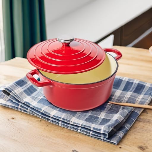 Sur La Table 4-Qt Enameled Cast Iron Dutch Oven – Oven & Broiler to 500°F, Induction Compatible, with Lid for Braising, Baking & Deep Frying, Nonstick Interior, Red