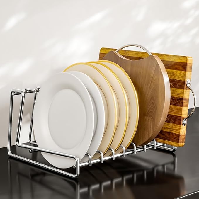 Dish Plate Draining Rack 9 Slots SUS304 Storage Drainboard Kitchen Drying Rack Drainer Stand Plate Organizer for Cabinet Space Saver Stainless Steel (9-Tier)