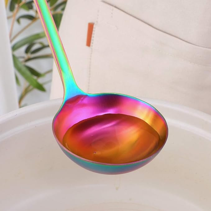 Buyer Star 2 Pcs Soup Ladle Colander, rainbow Cookware Serving Long Handle Steel Slotted Spoon Cooking Utensil Set for Hotpot