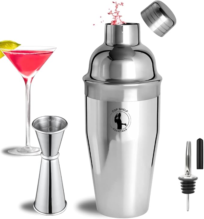 Cocktail Shaker Bar Set - 24oz Professional Martini Shaker with Built-in Strainer - Drink Mixer with Measuring Jigger and Pourer with Dust Cover
