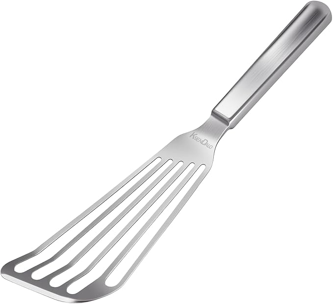 KSENDALO Thin Fish Spatula SUS304 Stainless Steel - One-Piece Flexible Slotted Egg Flipper, Angled Blade, Hollow Grip, Metal Turner for Fish/Eggs/Omelettes, All Cookware, Dishwasher Safe