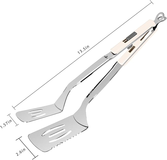 13.5-inch Stainless Steel Tongs for Cooking – Versatile Metal Spatula Tongs for Flipping, Picking Up, Cutting, and Stir-Frying Meats and Other Foods. Kitchen Tongs Durable and Multifunctional.(White)