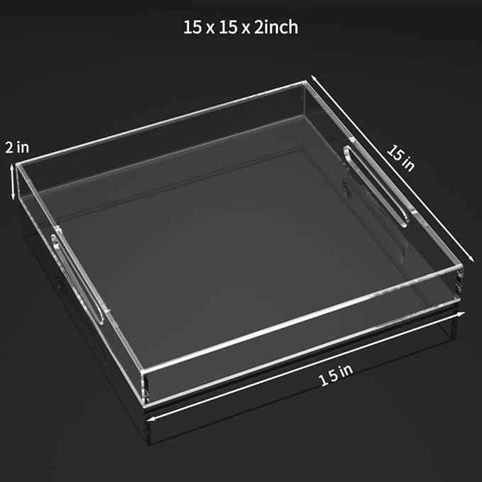 NIUBEE Acrylic Serving Tray 15x15 Inches -Spill Proof- Clear Decorative Tray Organiser for Ottoman Coffee Table Countertop with Handles