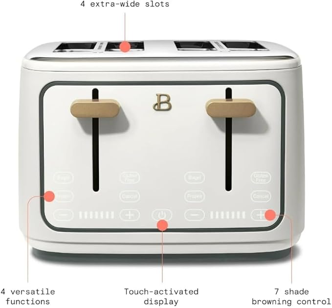 Beautiful 4-Slice Toaster by Drew Barrymore – Touch Display, Extra-Wide Slots, Bagel & Frozen Functions, Stainless Steel (White Icing)