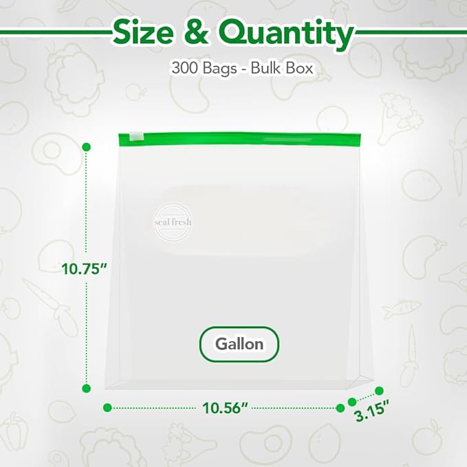 Gallon Slider Storage Bags 300 Pack — Reusable Freezer Bags with Expandable Bottom, BPA Free, Microwave Safe, Clear Gallon Food Storage Bags