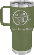 LaserGram 20oz Vacuum Insulated Travel Mug with Handle, Sushi, Personalized Engraving Included (Camo Green)