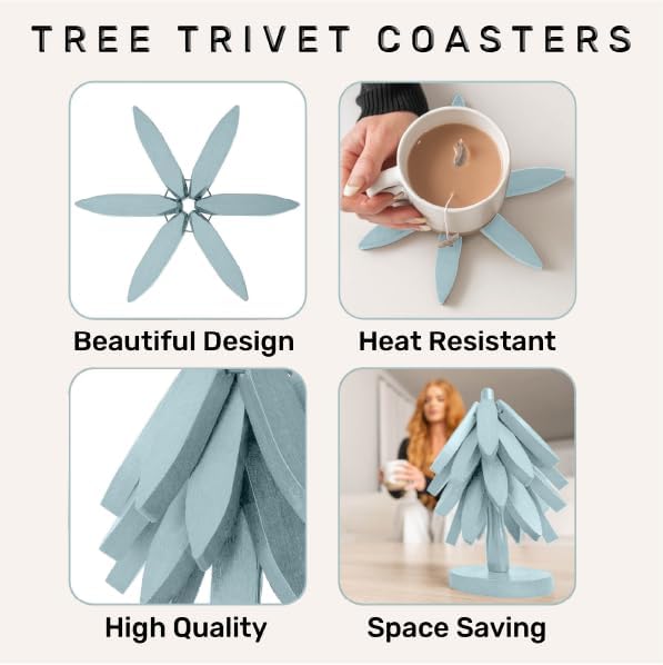 Wooden trivets for hot Dishes – 4 Tree-Shaped Coasters & 1 Stand for Hot Pots, Dishes | Heat-Resistant, Space-Saving Pot Rest & Cozy Kitchen Decor, Tree Trivets for Counter + Special Bonus (Sky Blue)