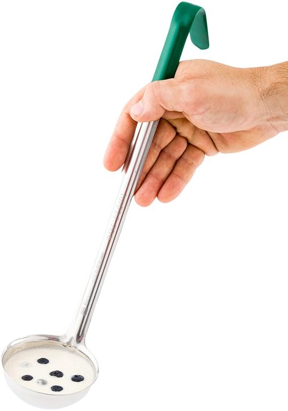 Restaurantware Met Lux 4 Ounce Soup Ladle 1 Hook Handle Serving Spoon - With Green Handle Dishwashable Stainless Steel Cooking Ladle For Pouring And Cooking Perfect for Soup Chilli Or Batter