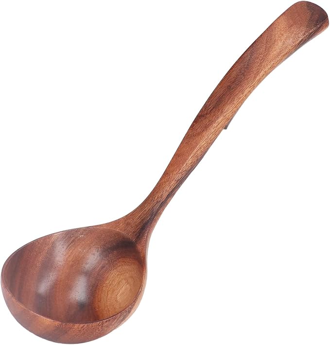Wooden Ladle Spoon, Long Handle Wood Teak Soup Deep Serving Spoon Porridge for Cooking Kitchen Smooth Finish Lightweight Natural Texture Sustainable Handcrafted Versatile Utensil(7.87×2.36in)