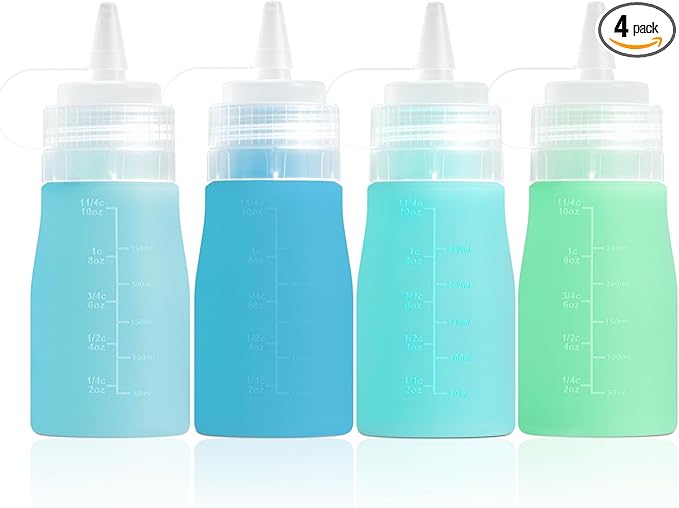Condiment Squeeze Bottles, 12 oz Silicone Squeeze Bottles For Sauces, Leak Proof Condiment Containers with Extra Interchangeable lid, Easy Squeeze for Oil, Honey & Dressings, BPA FREE (4 Pack)