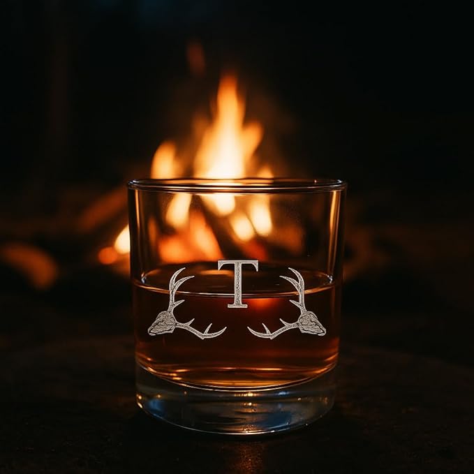Hat Shark Personalized Whiskey Glass with Deer Skull Monogram, Single Rocks Glass, A-Z Initial, Clear (1, Letter T)