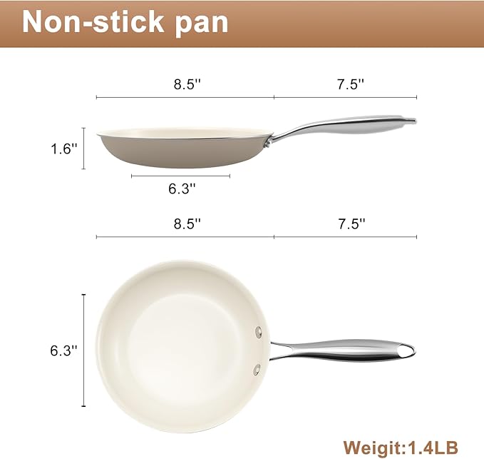 8.5 Inch Ceramic Nonstick Frying Pan Skillet - PFAS-Free, Non-Toxic, Oven Safe & Induction Ready, Aluminum Cookware with Stainless Steel Handle