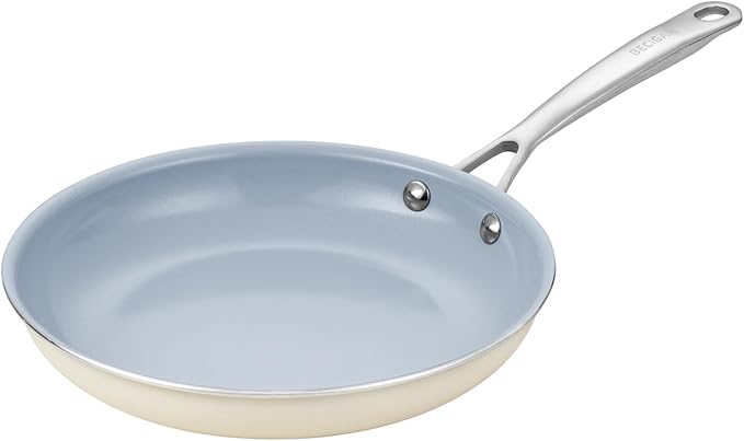 24CM Ceramic Frying Pan with Stainless Steel Handle - Perfect Non Stick Frying Pans for Steak & Non Stick Cooking-Ceramic Pans Frying Pan Trendy Kitchen Essential for Young Chefs(Cream White)
