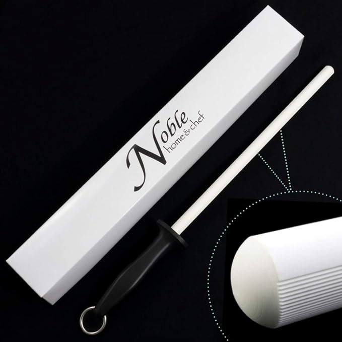 Professional 11.5 Inch Ceramic Honing Rod Has 2 Grit Options, a Firm-Grip Handle, Hanging Ring, and Japanese Ceramic. Noble Home & Chef Sharpening Rods are Perfect for Chefs! (White, 1000/2000 Grit)
