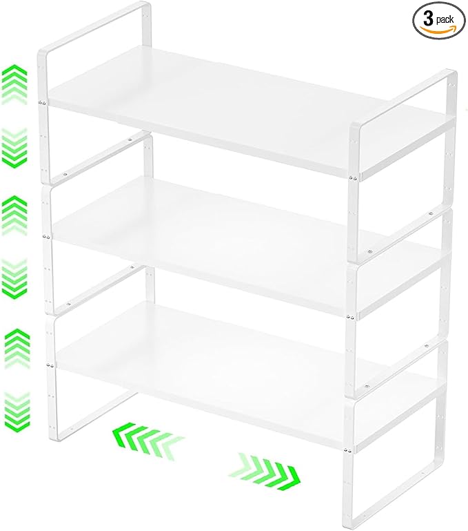 ‎Expandable Kitchen Cabinet Storage Shelf, Stackable Metal Pantry Storage Shelves Organizer, Adjustable Height Counter Spice Rack for Kitchen Cabinet (White - 16.5"-27" L x 10.2" W x 9.6" H - 3Pack)