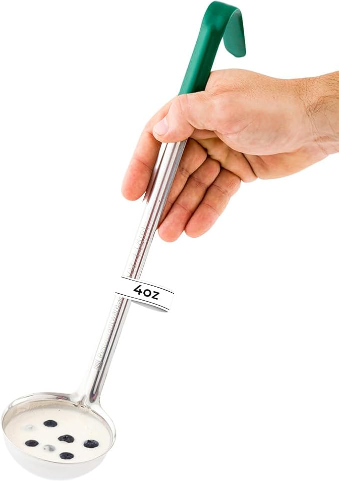 Restaurantware Met Lux 4 Ounce Soup Ladle 1 Hook Handle Serving Spoon - With Green Handle Dishwashable Stainless Steel Cooking Ladle For Pouring And Cooking Perfect for Soup Chilli Or Batter