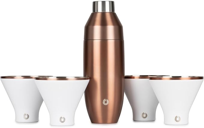 Snowfox Premium Vacuum Insulated Stainless Steel 22oz Cocktail Shaker and 4 Martini Glass Set, Home Bar Accessories, Elegant Drink Mixer, Leak, Proof Lid With Jigger & Built, In Strainer, White/Gold